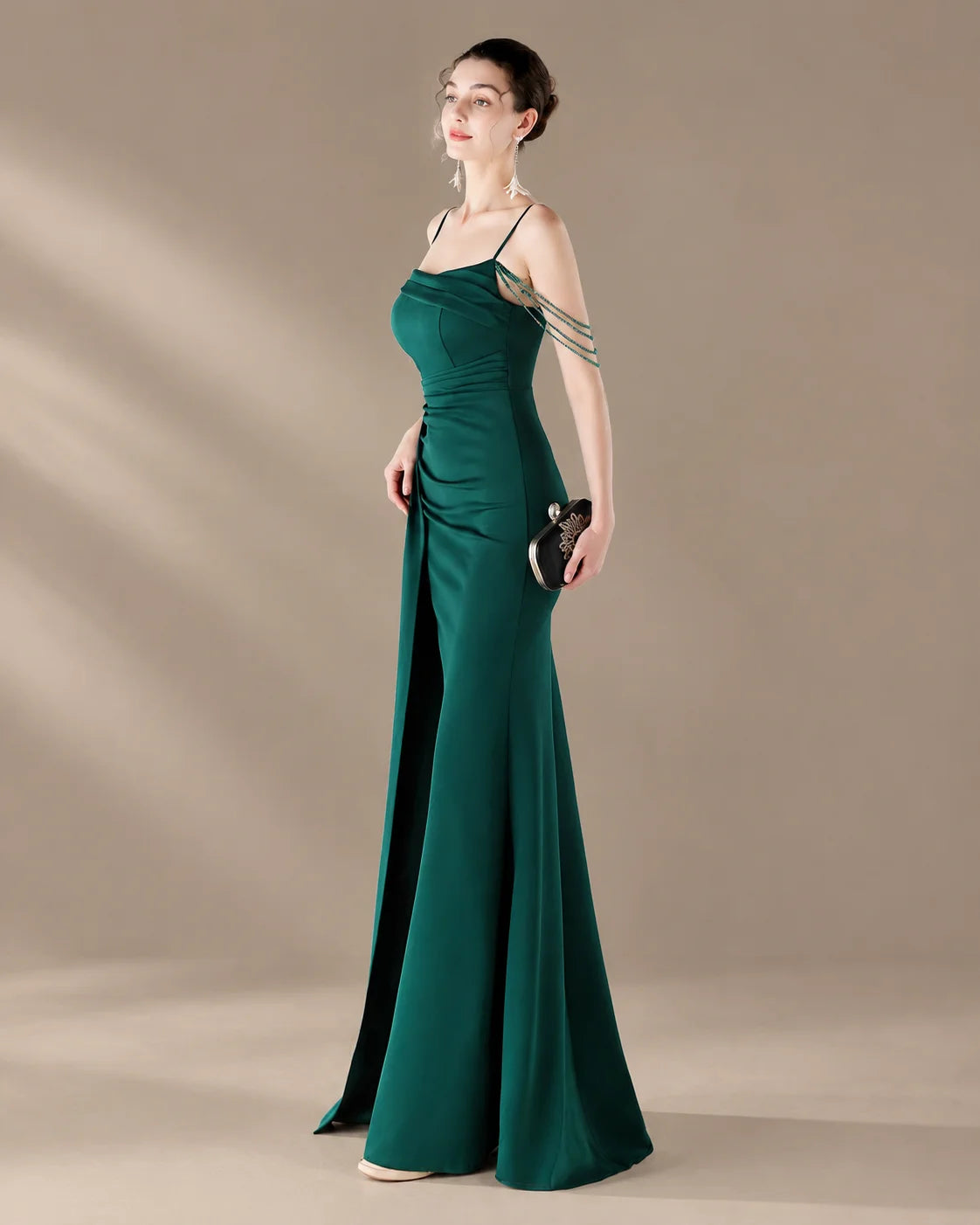 Spaghetti Strap Beaded Chain Draped Satin Mermaid Gown | Oyese