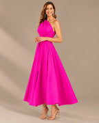 One-Shoulder Cap Sleeve Belted Fit and Flare Midi Dress | Oyese