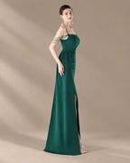 Spaghetti Strap Beaded Chain Draped Satin Mermaid Gown | Oyese