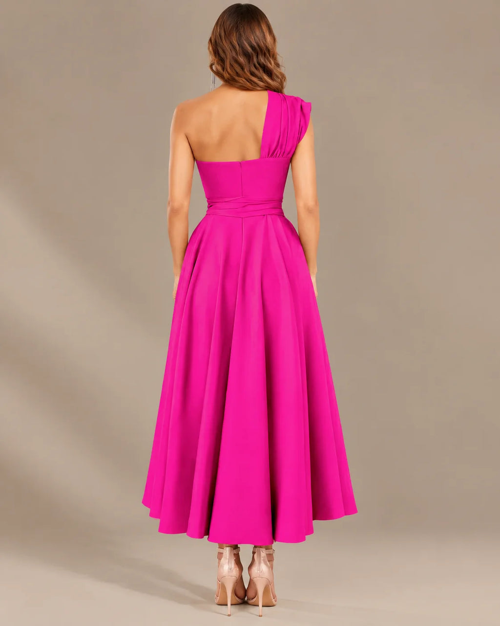 One-Shoulder Cap Sleeve Belted Fit and Flare Midi Dress | Oyese