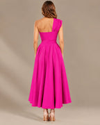 One-Shoulder Cap Sleeve Belted Fit and Flare Midi Dress | Oyese