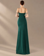 Spaghetti Strap Beaded Chain Draped Satin Mermaid Gown | Oyese