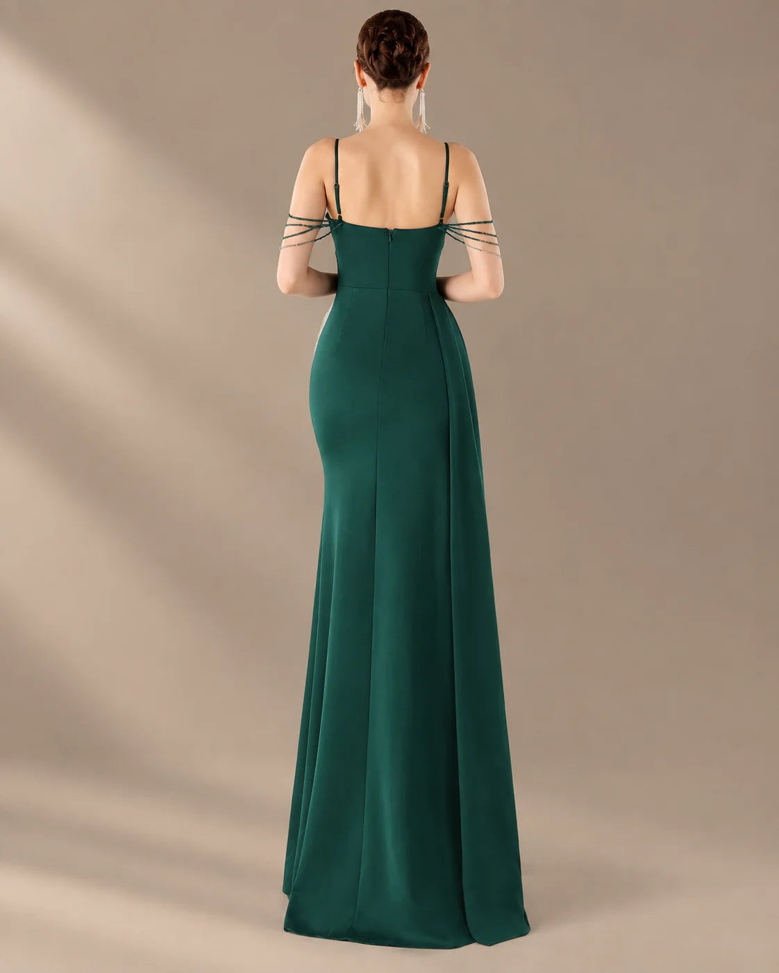 Spaghetti Strap Beaded Chain Draped Satin Mermaid Gown | Oyese