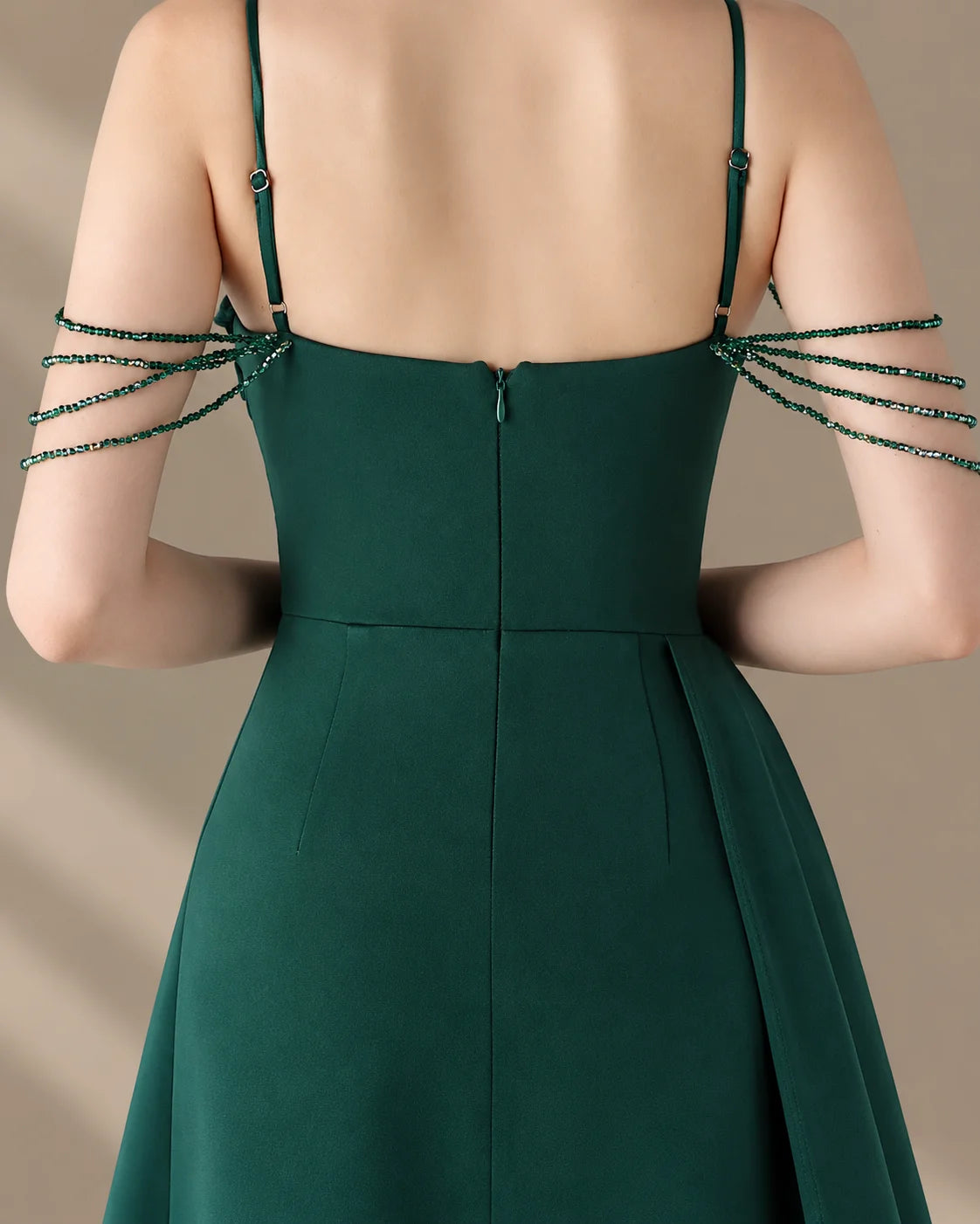 Spaghetti Strap Beaded Chain Draped Satin Mermaid Gown | Oyese