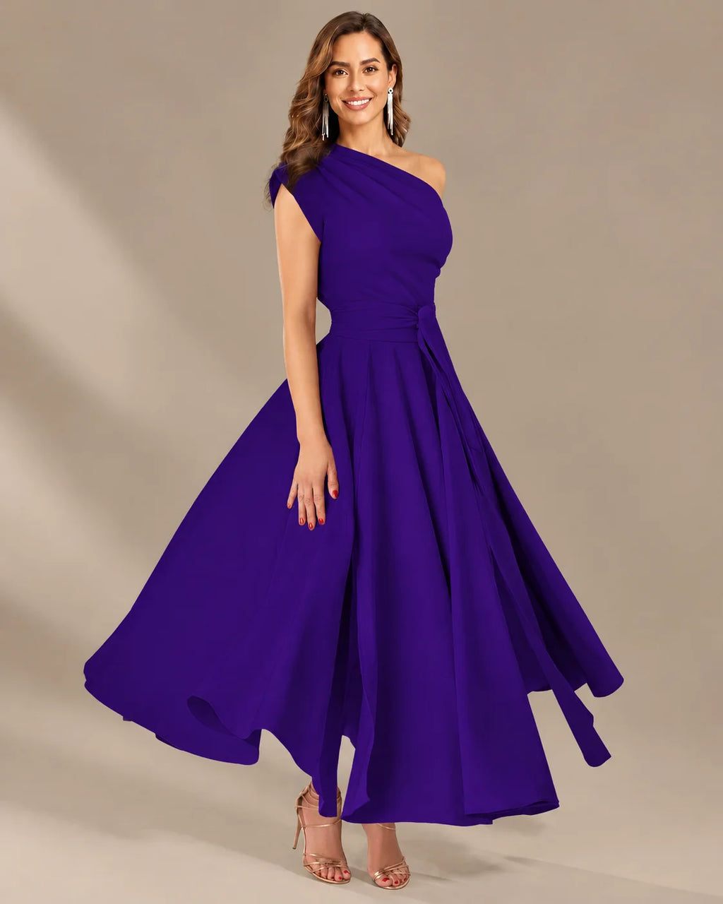 One-Shoulder Cap Sleeve Belted Fit and Flare Midi Dress | Oyese