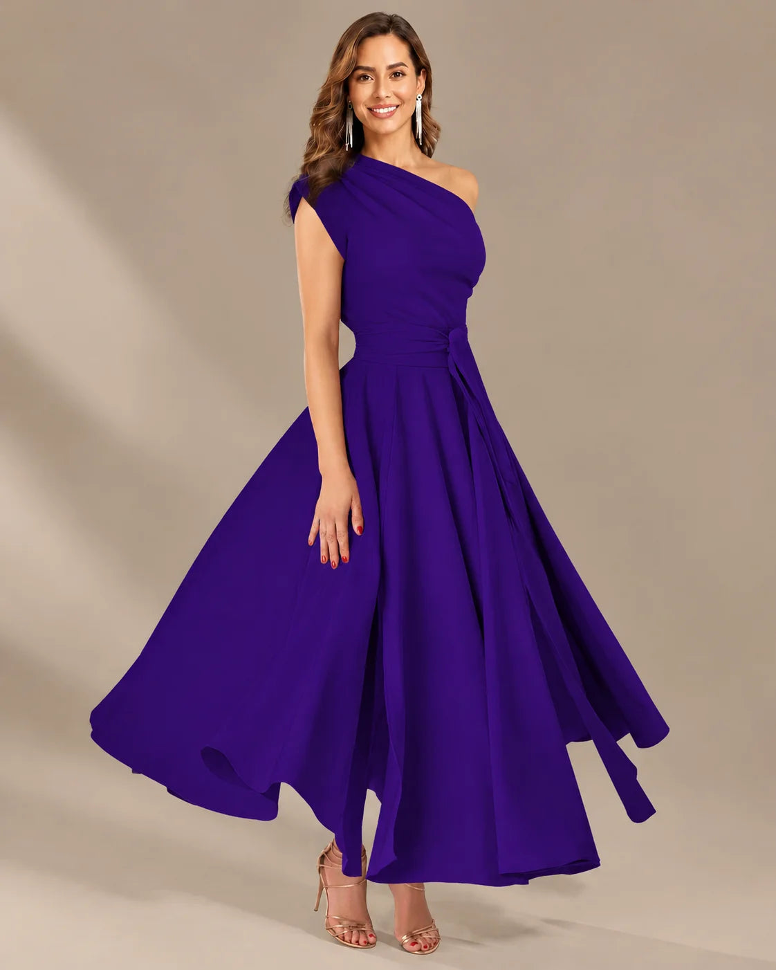 One-Shoulder Cap Sleeve Belted Fit and Flare Midi Dress | Oyese