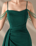 Spaghetti Strap Beaded Chain Draped Satin Mermaid Gown | Oyese