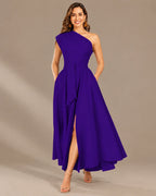 One-Shoulder Cap Sleeve Belted Fit and Flare Midi Dress | Oyese