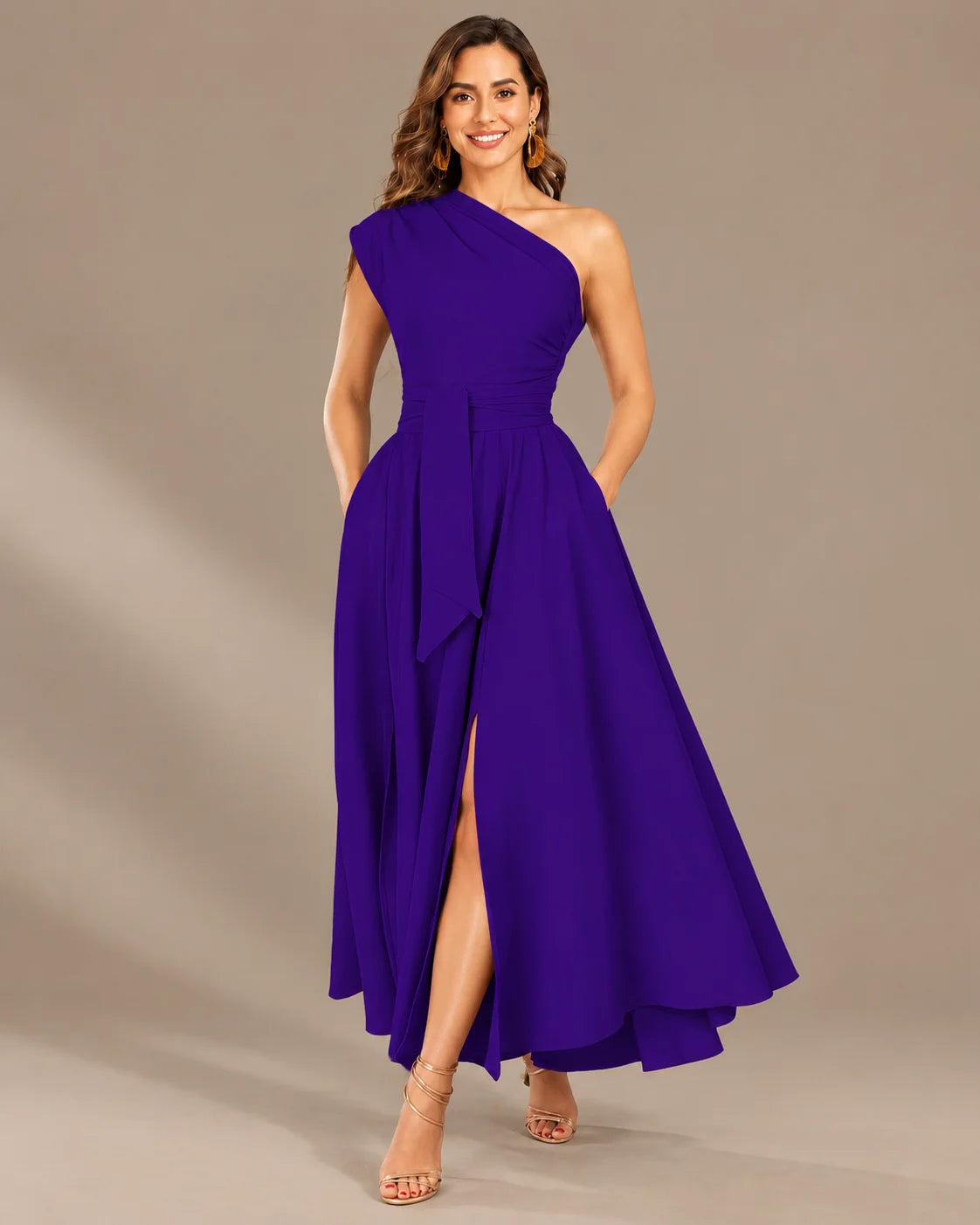 One-Shoulder Cap Sleeve Belted Fit and Flare Midi Dress | Oyese