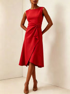 Twisted Knot Waist Midi Dress – Sleeveless Round Neck Office Dress | Oyese
