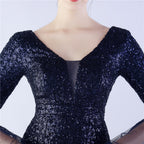 V-Neck Bell Sleeve Sequin Tulle Mermaid Evening Gown | Oyese