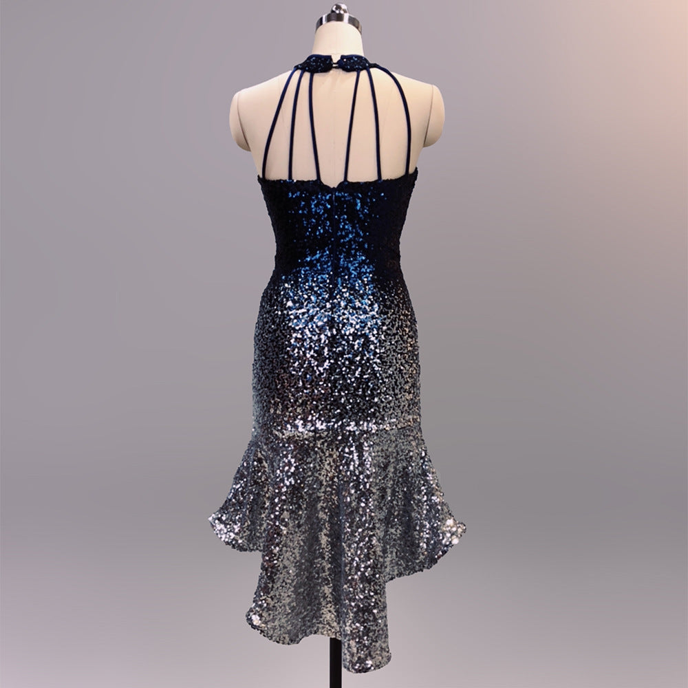 Halter Keyhole Ombre Sequin High-Low Mini Dress | Oyese