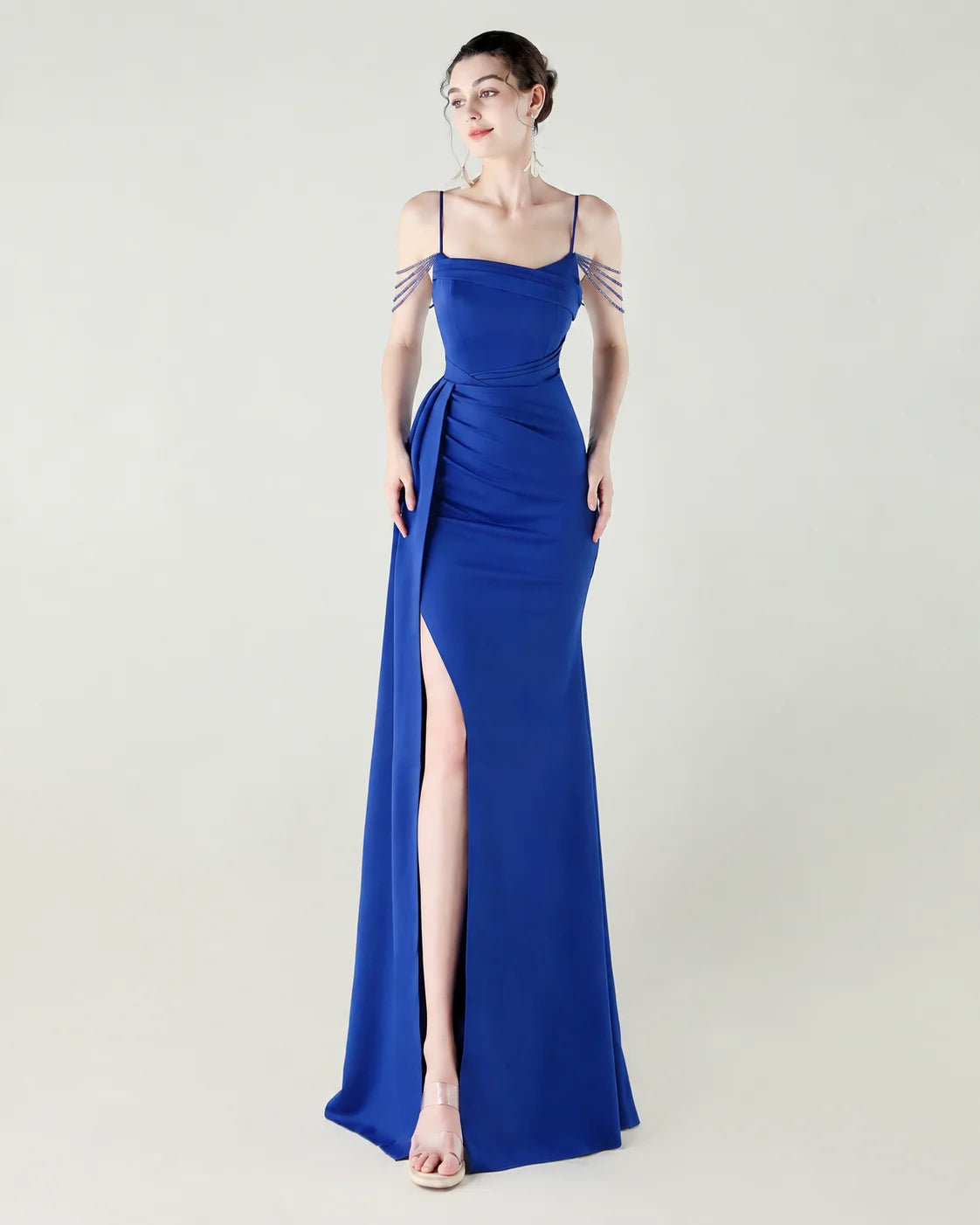Strapless Beaded Chain Strap Ruched Mermaid Gown | Oyese