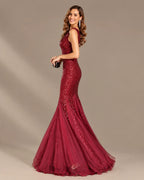 Deep V-Neck Beaded Tulle Mermaid Evening Gown | Oyese