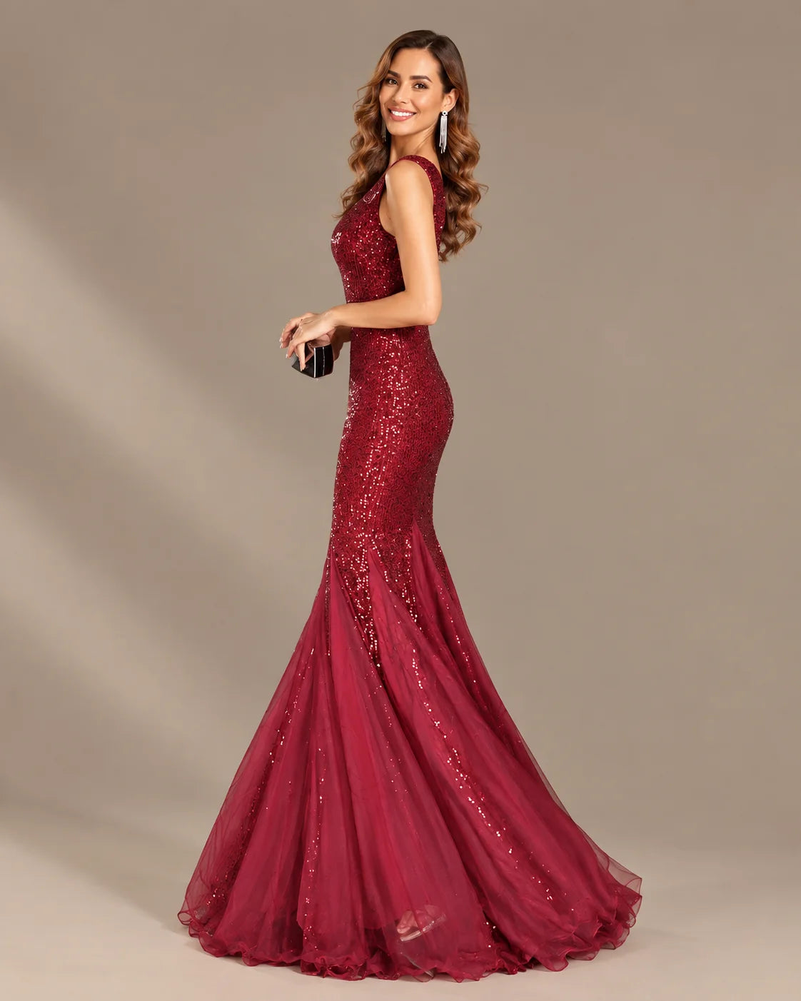 Deep V-Neck Beaded Tulle Mermaid Evening Gown | Oyese