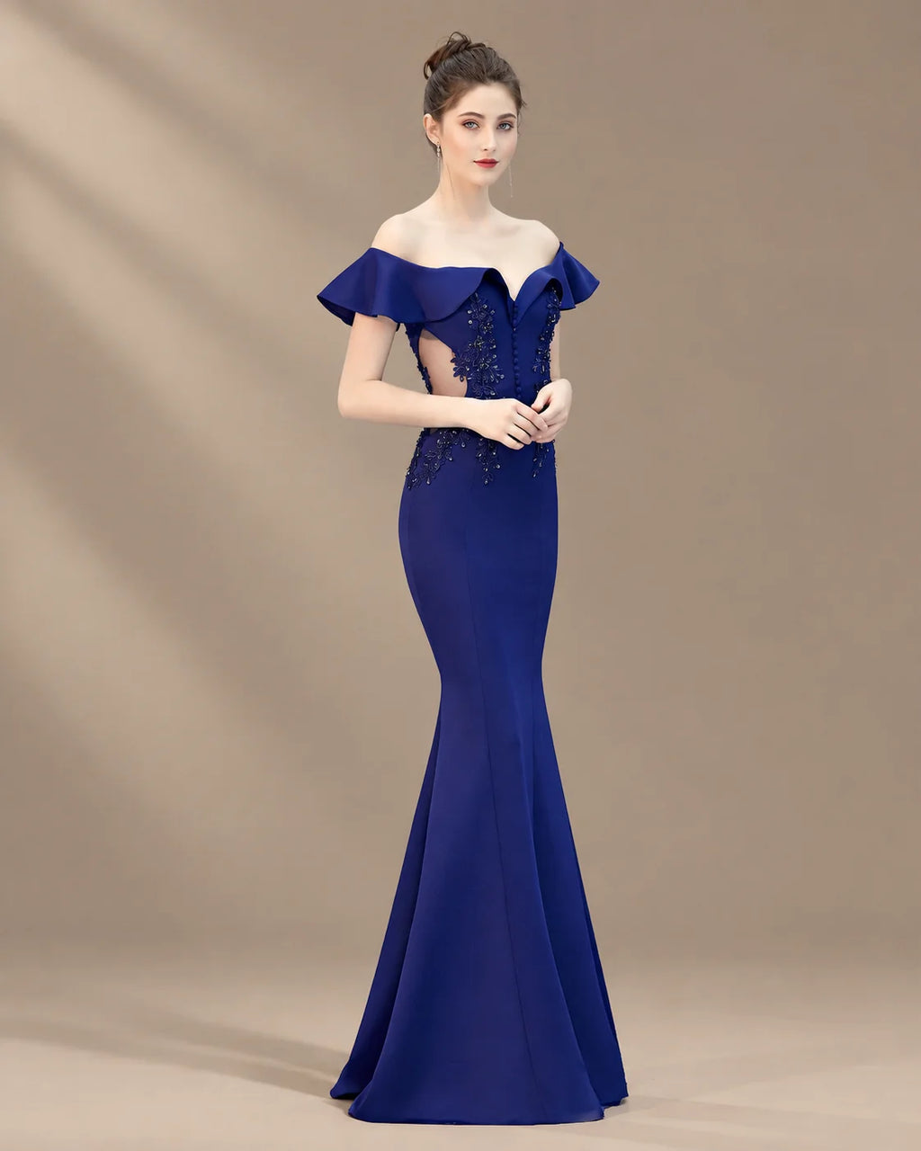 Off-Shoulder Ruffle Sleeve Beaded Mermaid Evening Gown | Oyese