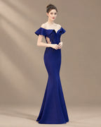 Off-Shoulder Ruffle Sleeve Beaded Mermaid Evening Gown | Oyese