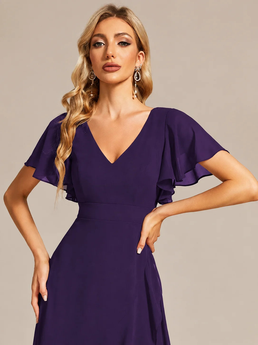 Double V-Neck Flutter Sleeve Flowy Slit Maxi Gown | Oyese