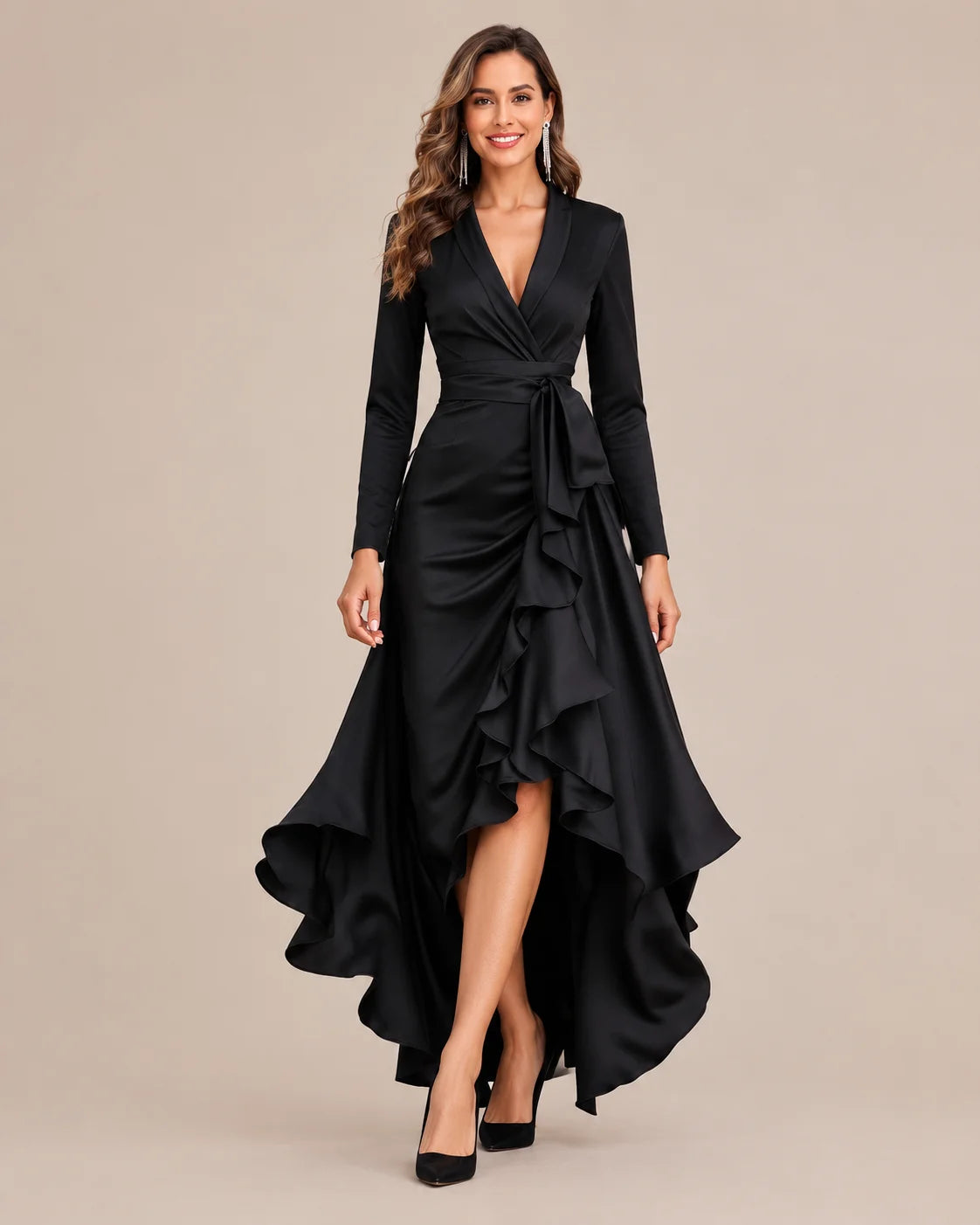 V-Neck Wrap Belted Satin High-Low Ruffle Dress | Oyese