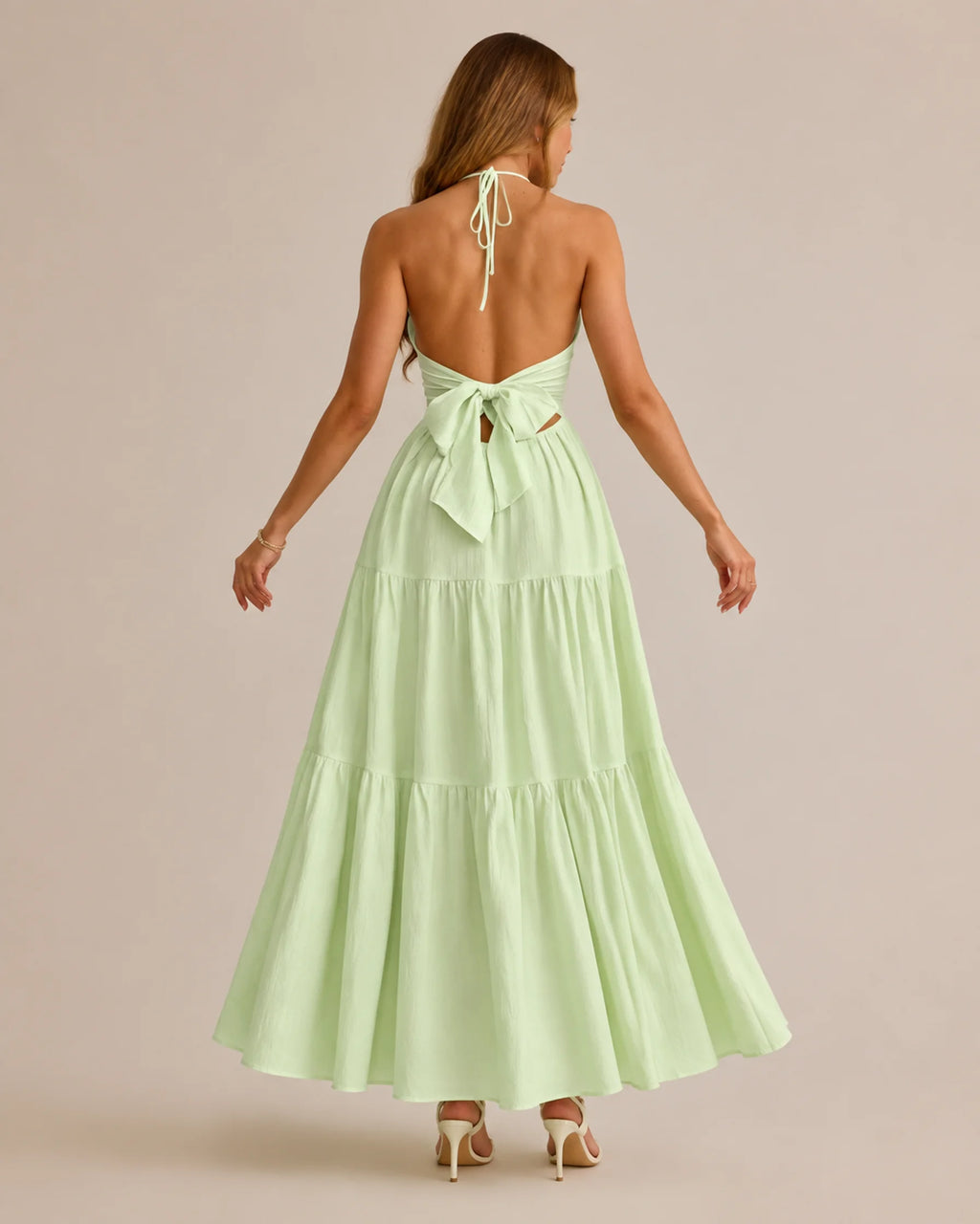 Halter Deep V-Neck Tiered Maxi Dress – Flowy Vacation Beach Dress | Oyese