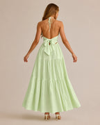 Halter Deep V-Neck Tiered Maxi Dress – Flowy Vacation Beach Dress | Oyese