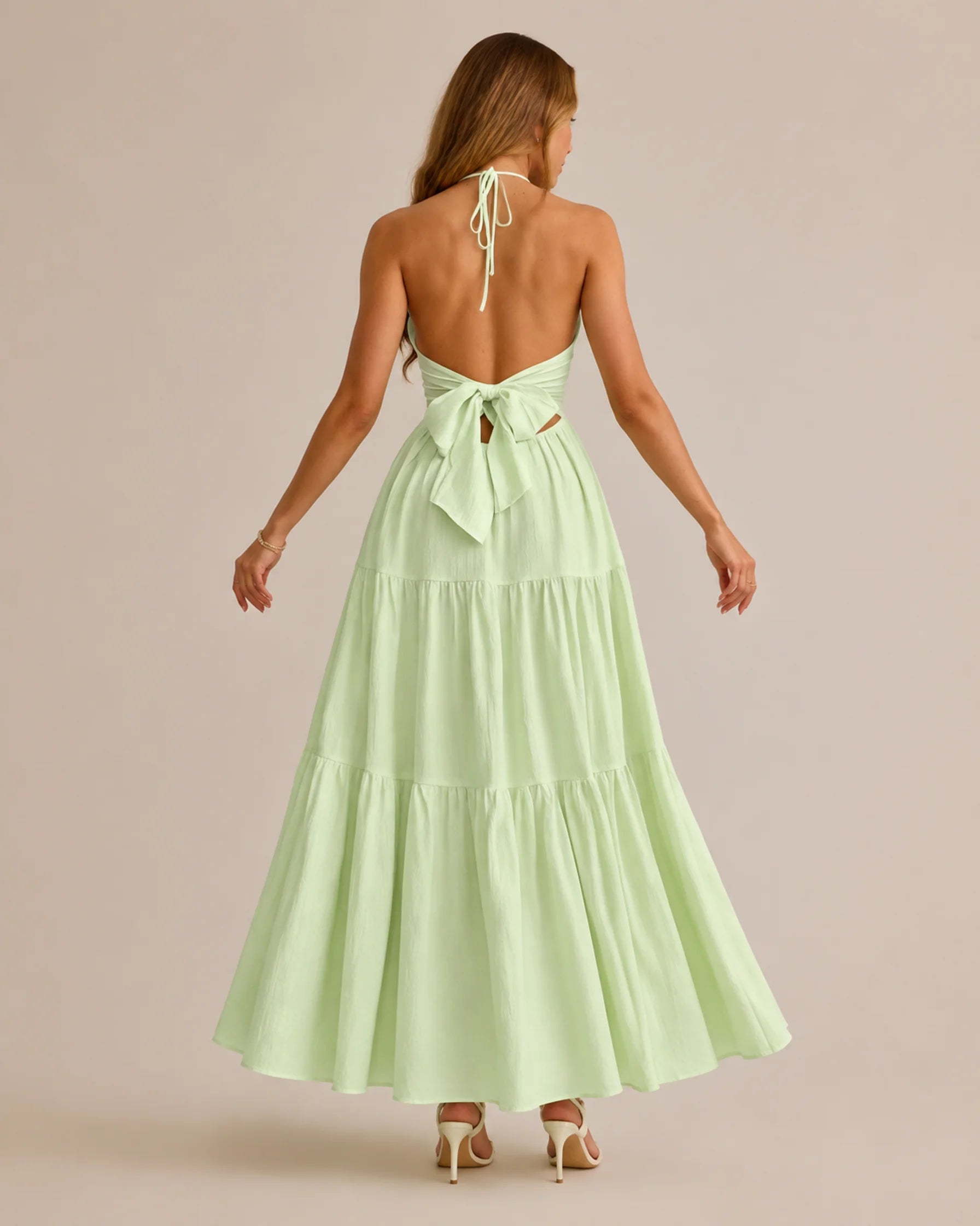Halter Deep V-Neck Tiered Maxi Dress – Flowy Vacation Beach Dress | Oyese