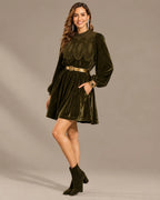 Velvet Lace Yoke Long Puff Sleeve Babydoll Mini Dress | Oyese
