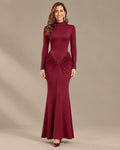 High Neck Long Sleeve Ruched Maxi Dress with Waist Cutouts | Oyese