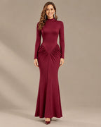 High Neck Long Sleeve Ruched Maxi Dress with Waist Cutouts | Oyese