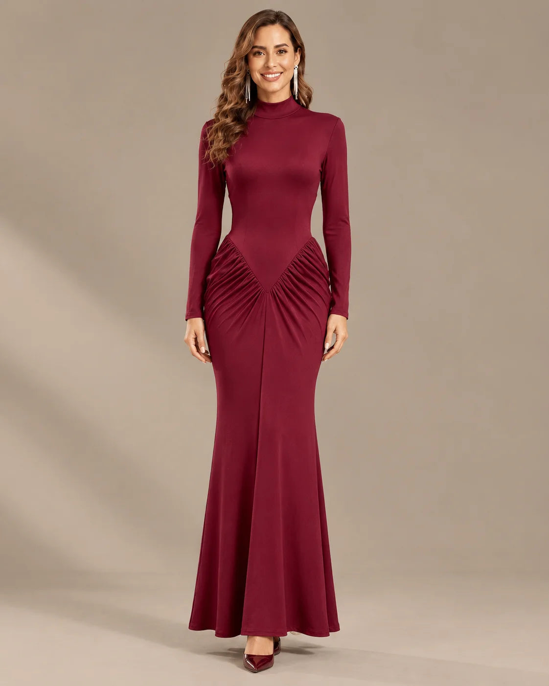 High Neck Long Sleeve Ruched Maxi Dress with Waist Cutouts | Oyese