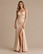 Illusion Neckline Sheer Sleeve Side Ruched Maxi Dress with Slit | Oyese