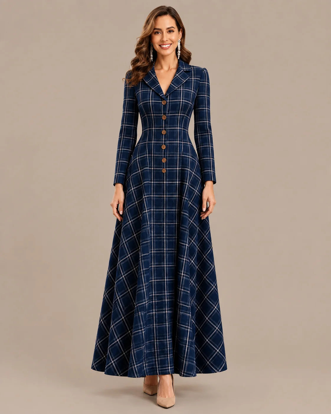 Notched Lapel Plaid Button Front A-Line Maxi Dress | Oyese