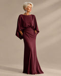 Satin Batwing Sleeve Maxi Dress with Pockets – Ruched Mermaid Evening Gown | Oyese