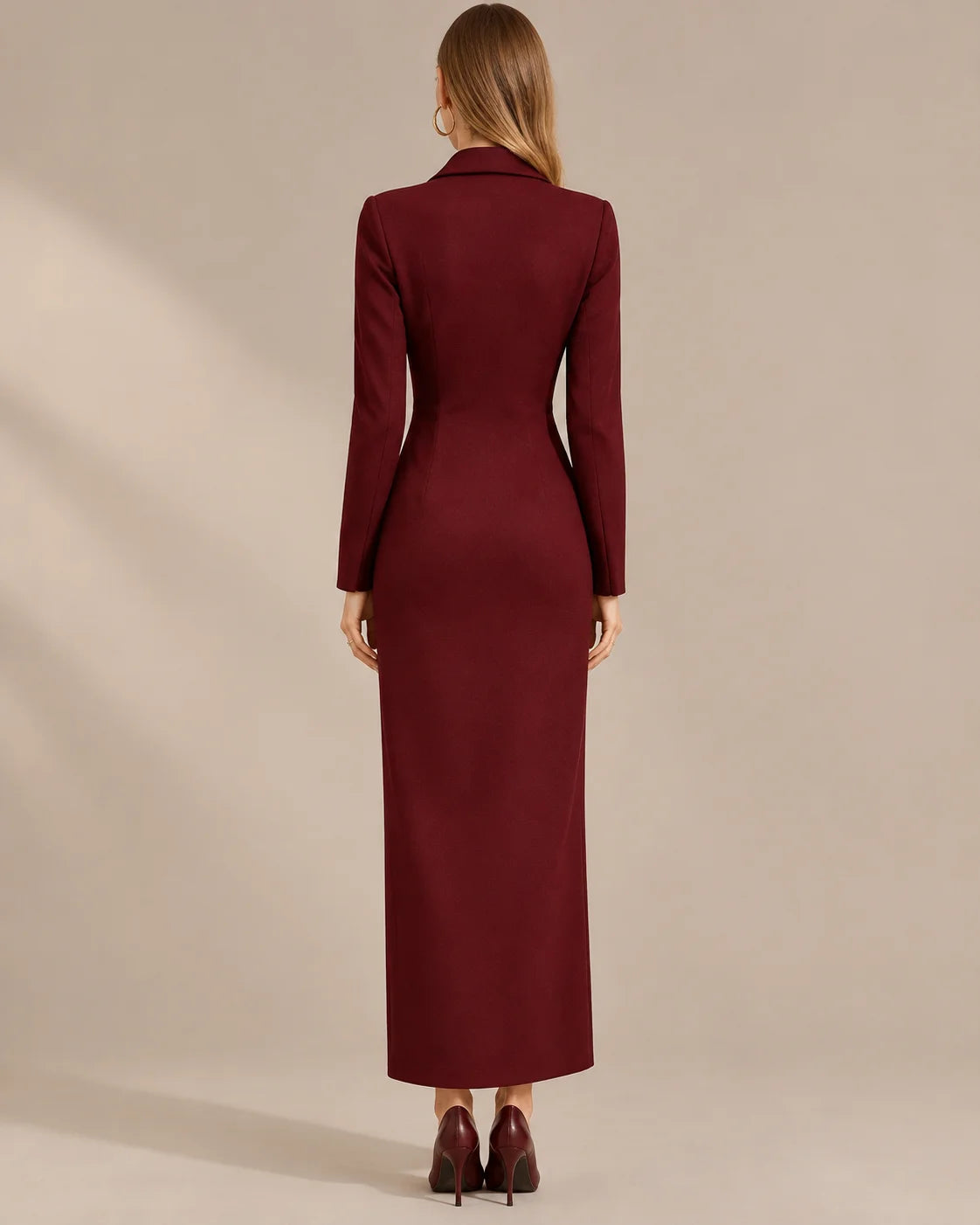 Single-Breasted Long Sleeve Fitted Longline Blazer Dress with Front Slit | Oyese