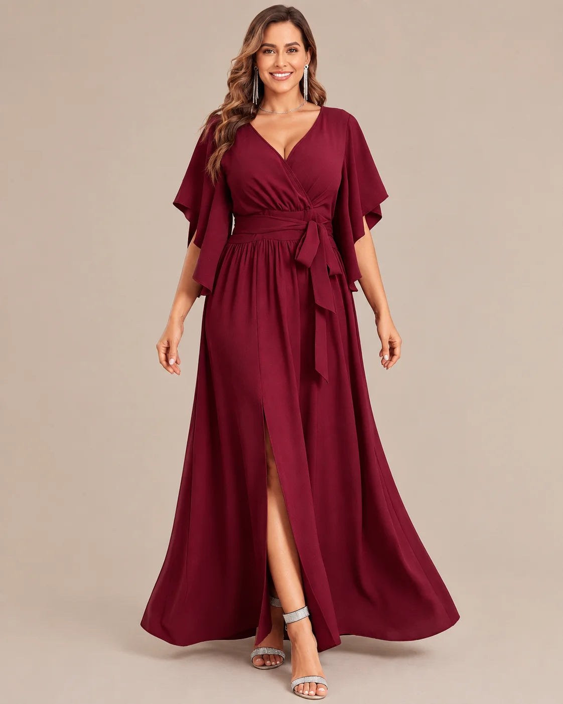 Plus Size Wrap V-Neck Flutter Sleeve Slit Maxi Dress | Oyese