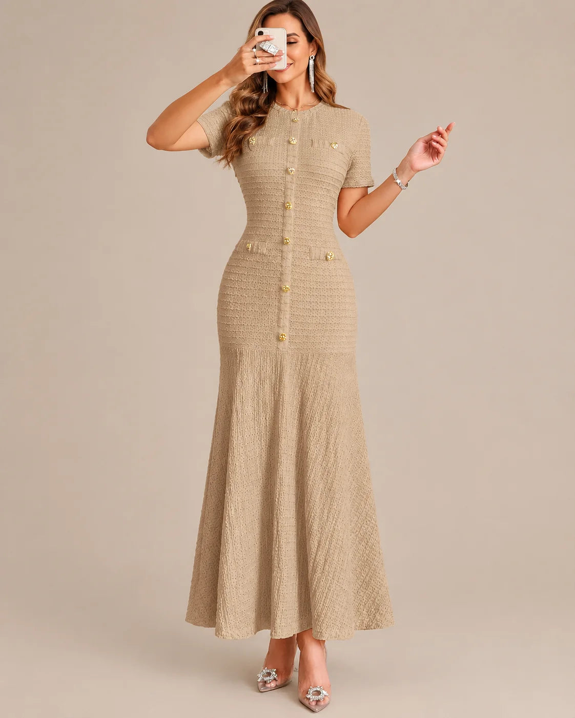 Textured Tweed Button Front Fitted Flare Midi Dress | Oyese