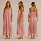 Strapless Pleated Maxi Gown – V-Notch Accordion Pleat Formal Dress | Oyese