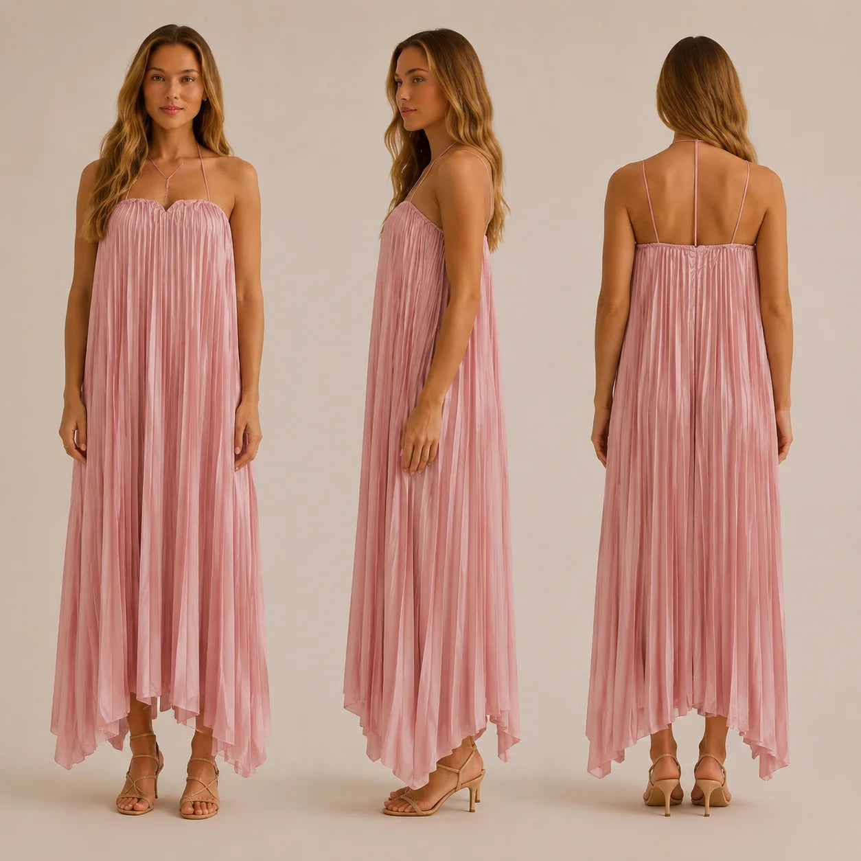 Strapless Pleated Maxi Gown – V-Notch Accordion Pleat Formal Dress | Oyese