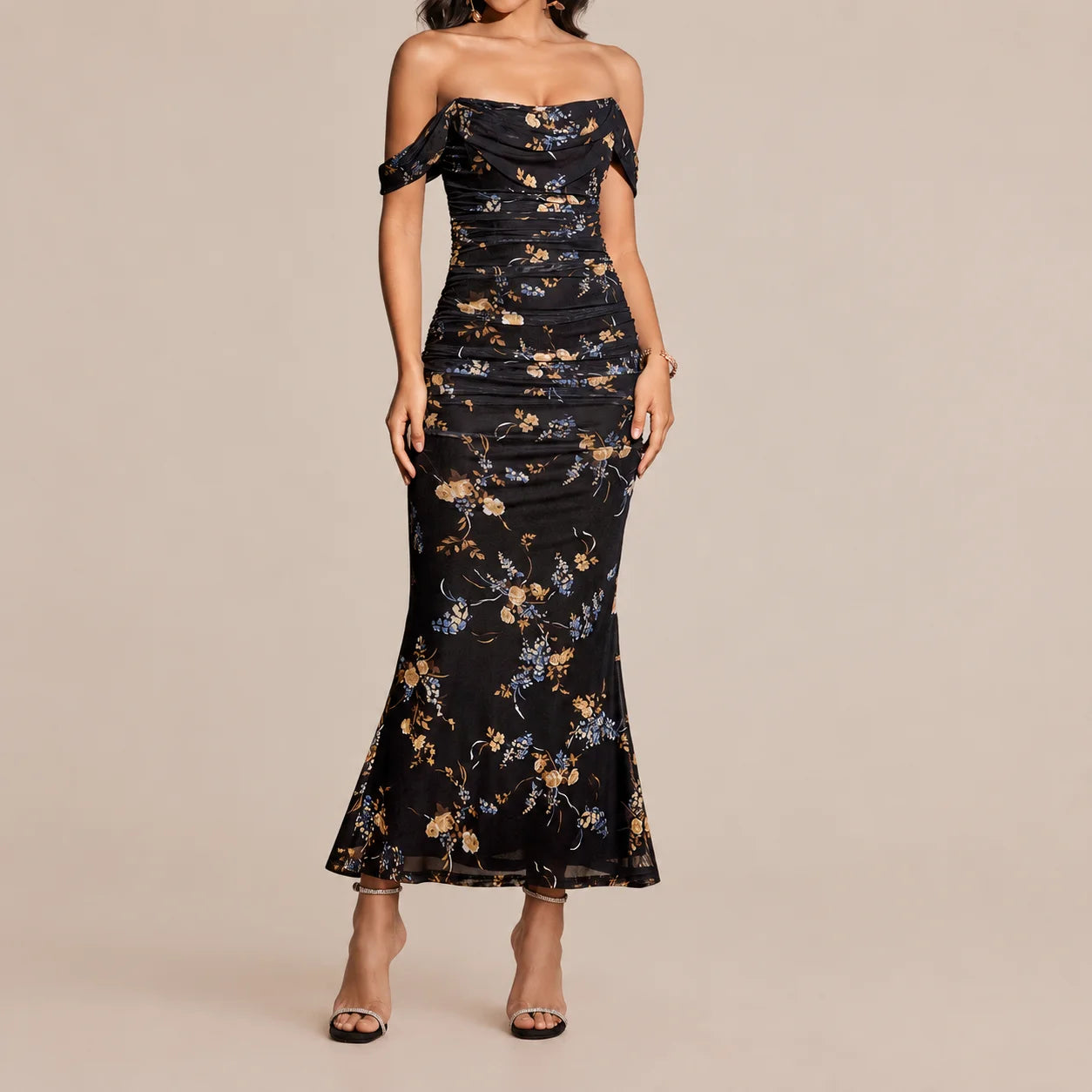 Off-Shoulder Ruched Mesh Bodycon Maxi Dress – Mermaid Evening Gown | Oyese