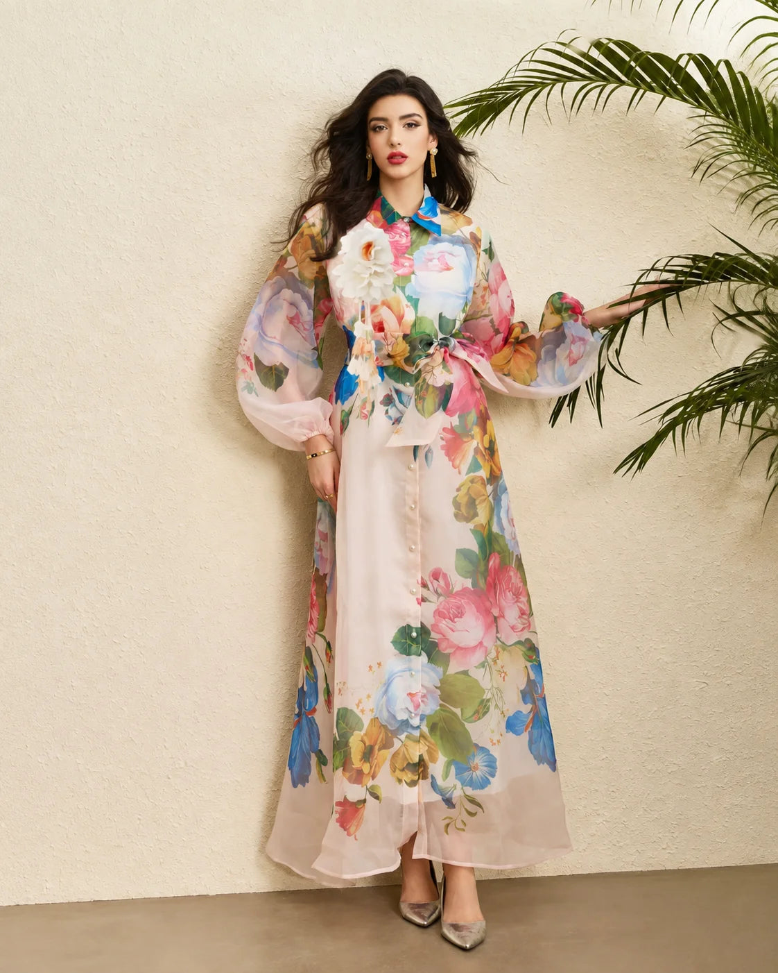 Vintage Floral Puff Sleeve Belted Maxi Dress | Oyese