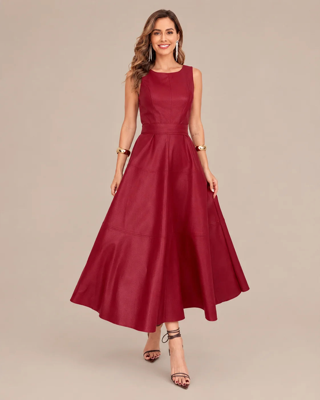 Sleeveless Faux Leather Belted A-Line Midi Dress | Oyese