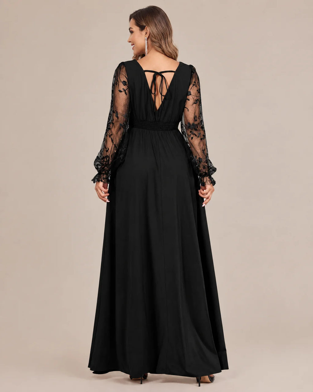 Plus Size Deep V Lace Sleeve Slit Maxi Gown | Oyese