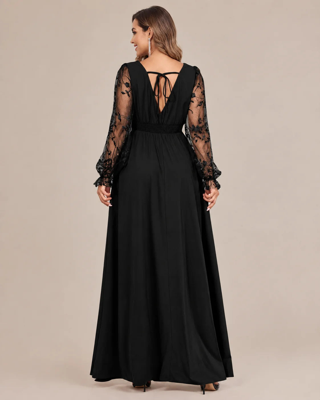Plus Size Deep V Lace Sleeve Slit Maxi Gown | Oyese