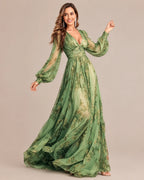 Floral V-Neck Puff Sleeve Smocked Maxi Dress | Oyese