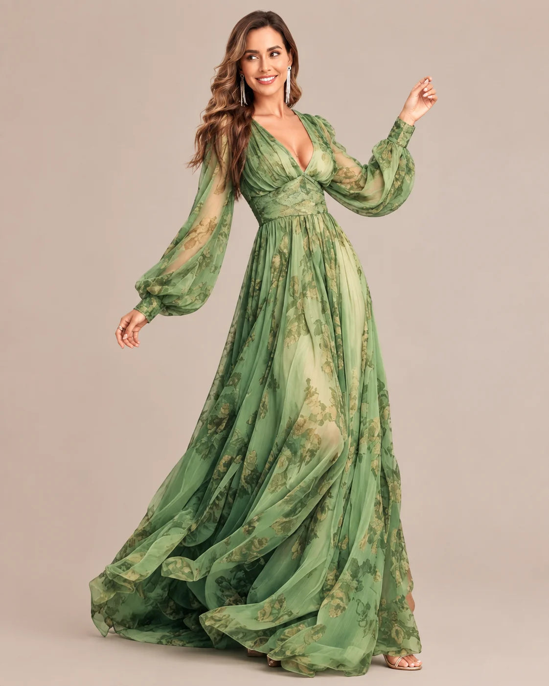 Floral V-Neck Puff Sleeve Smocked Maxi Dress | Oyese