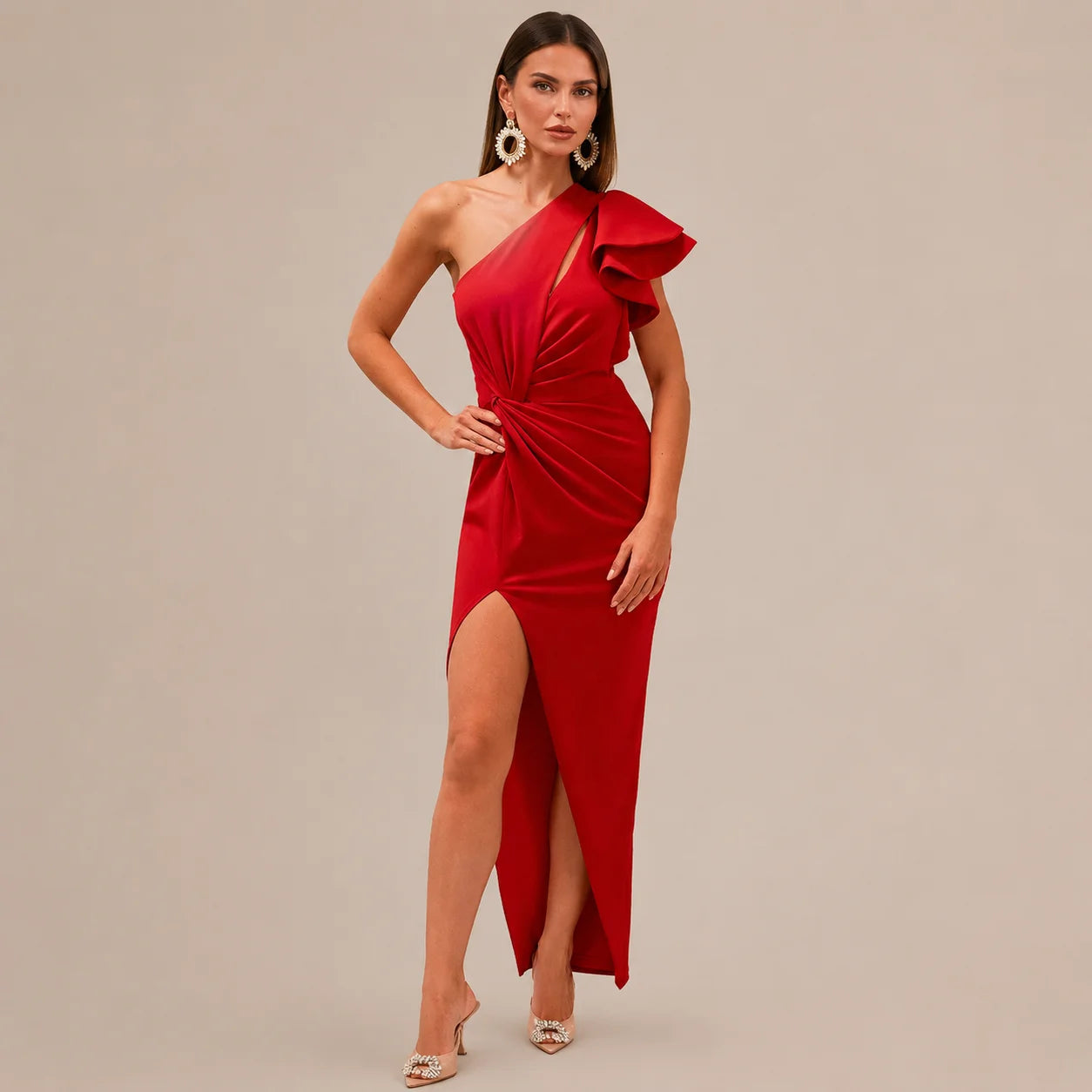 One Shoulder Ruffle Sleeve Cutout Maxi Dress – High Slit Formal Gown | Oyese