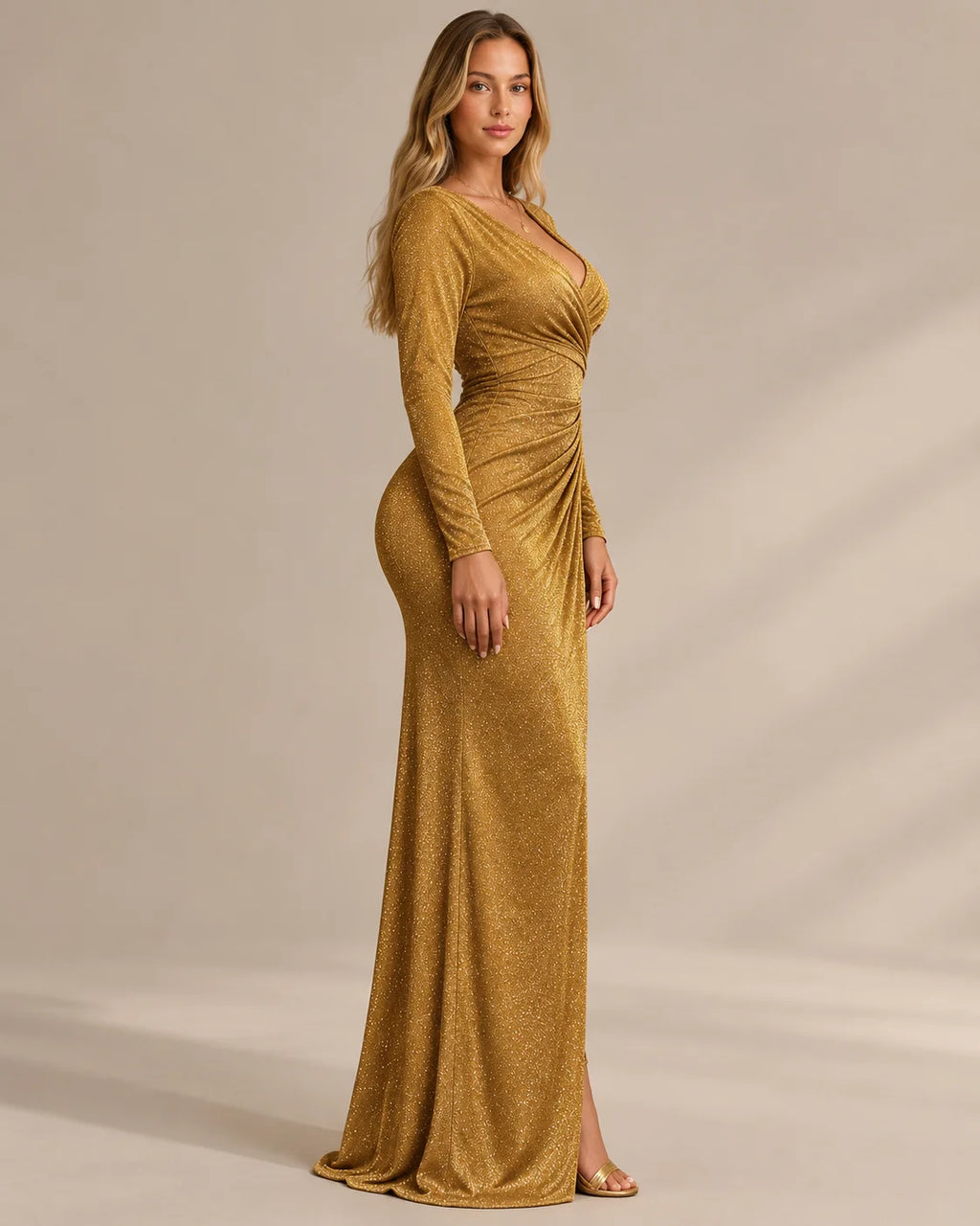 Shimmer Wrap V Neck Long Sleeve Maxi Dress – High Slit Evening Gown | Oyese