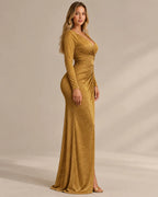 Shimmer Wrap V Neck Long Sleeve Maxi Dress – High Slit Evening Gown | Oyese