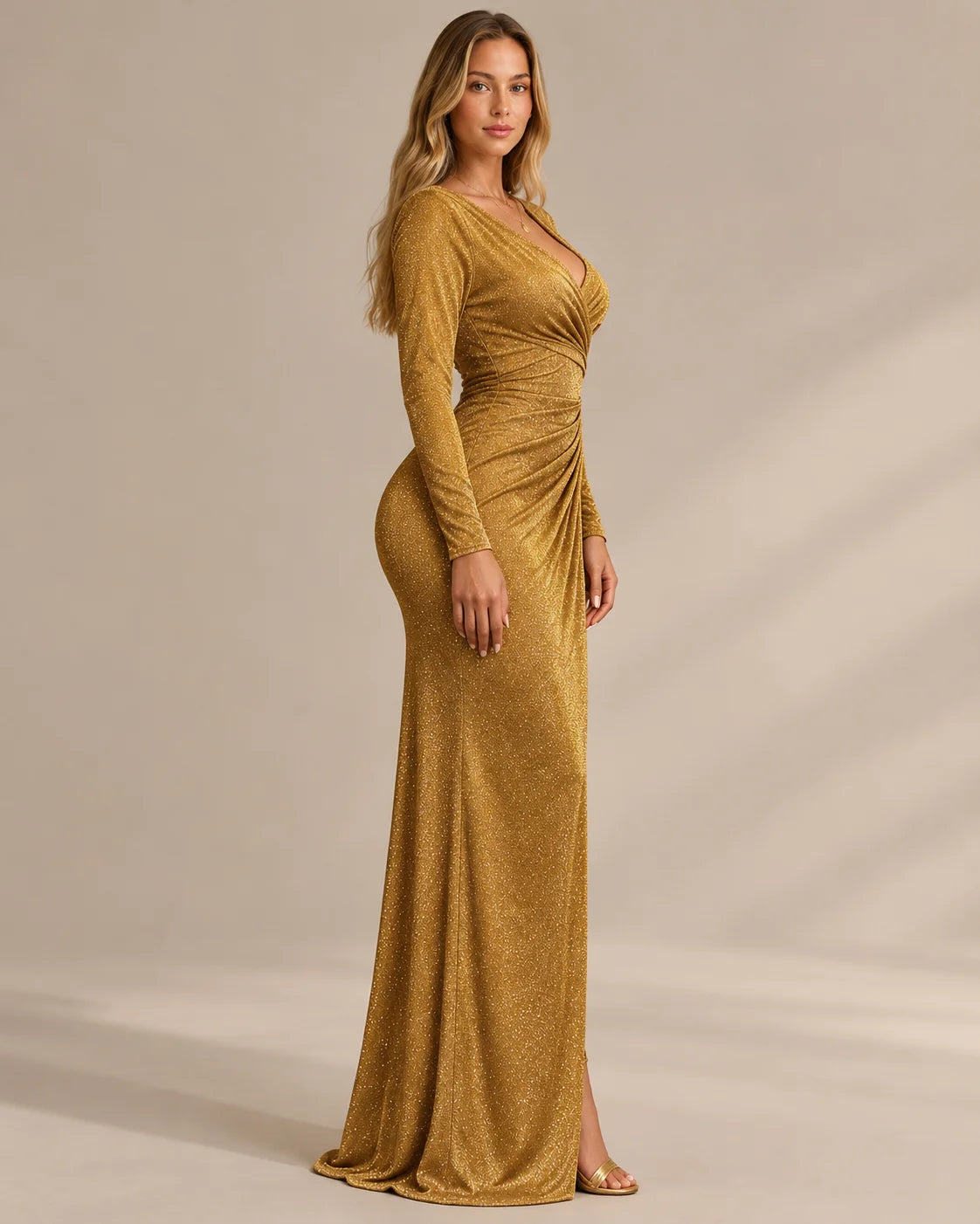 Shimmer Wrap V Neck Long Sleeve Maxi Dress – High Slit Evening Gown | Oyese