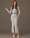 Ribbed Knit Button-Front Sweater Dress + Free Belt | Oyese